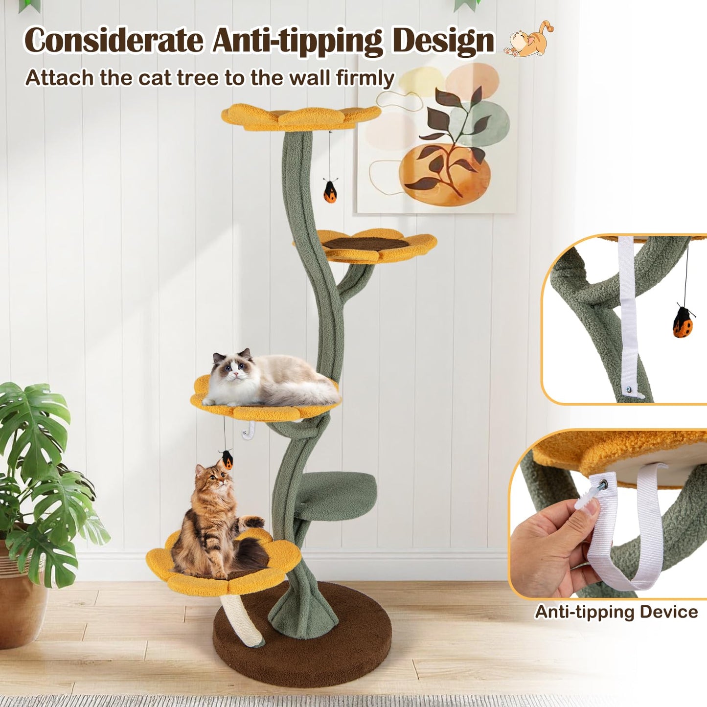 Cat Tree, 175cm Tall Cat Tower with 4 Flower-shaped Platforms