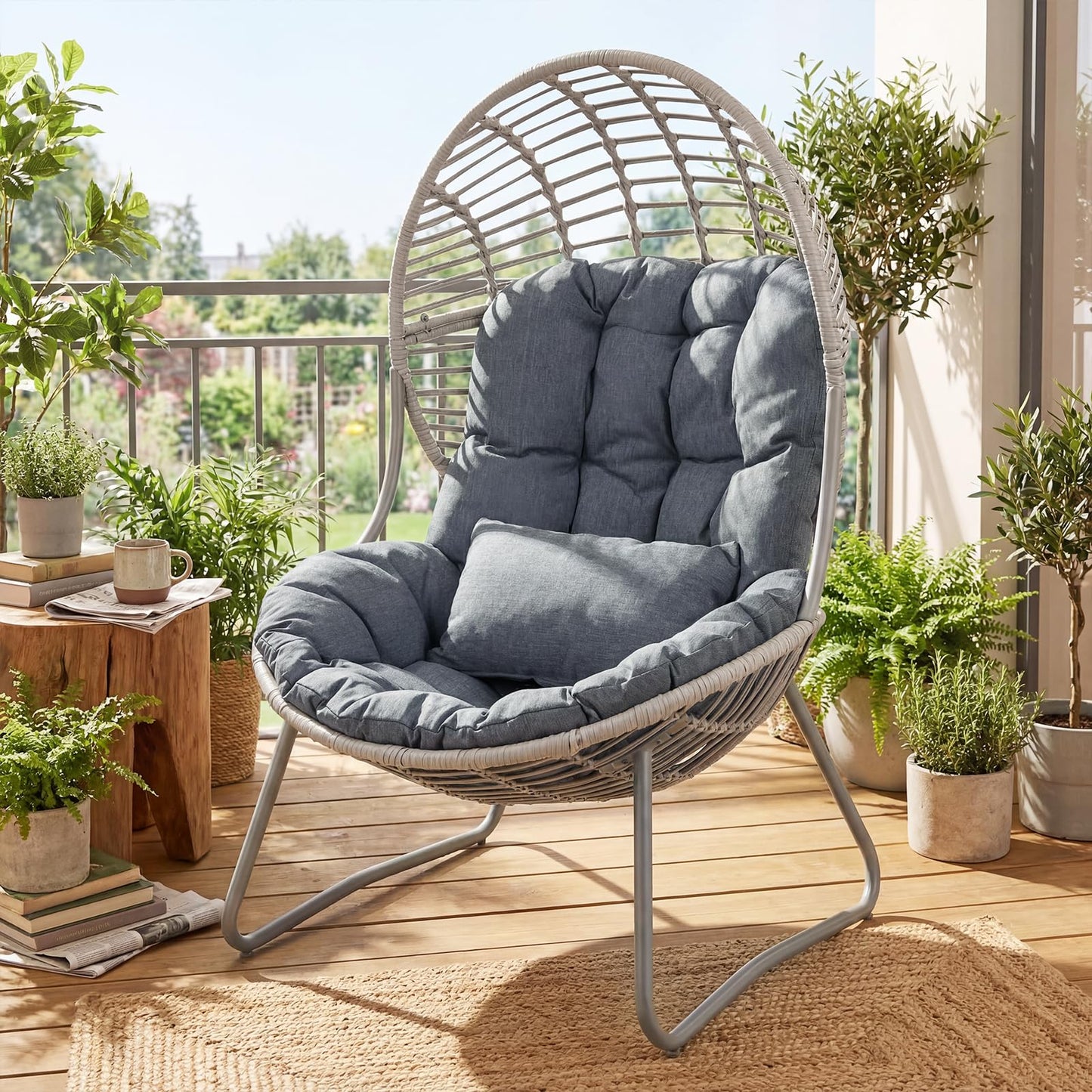 PE Wicker Egg Chair with Removable Seat and Back Cushion for Indoor Outdoor