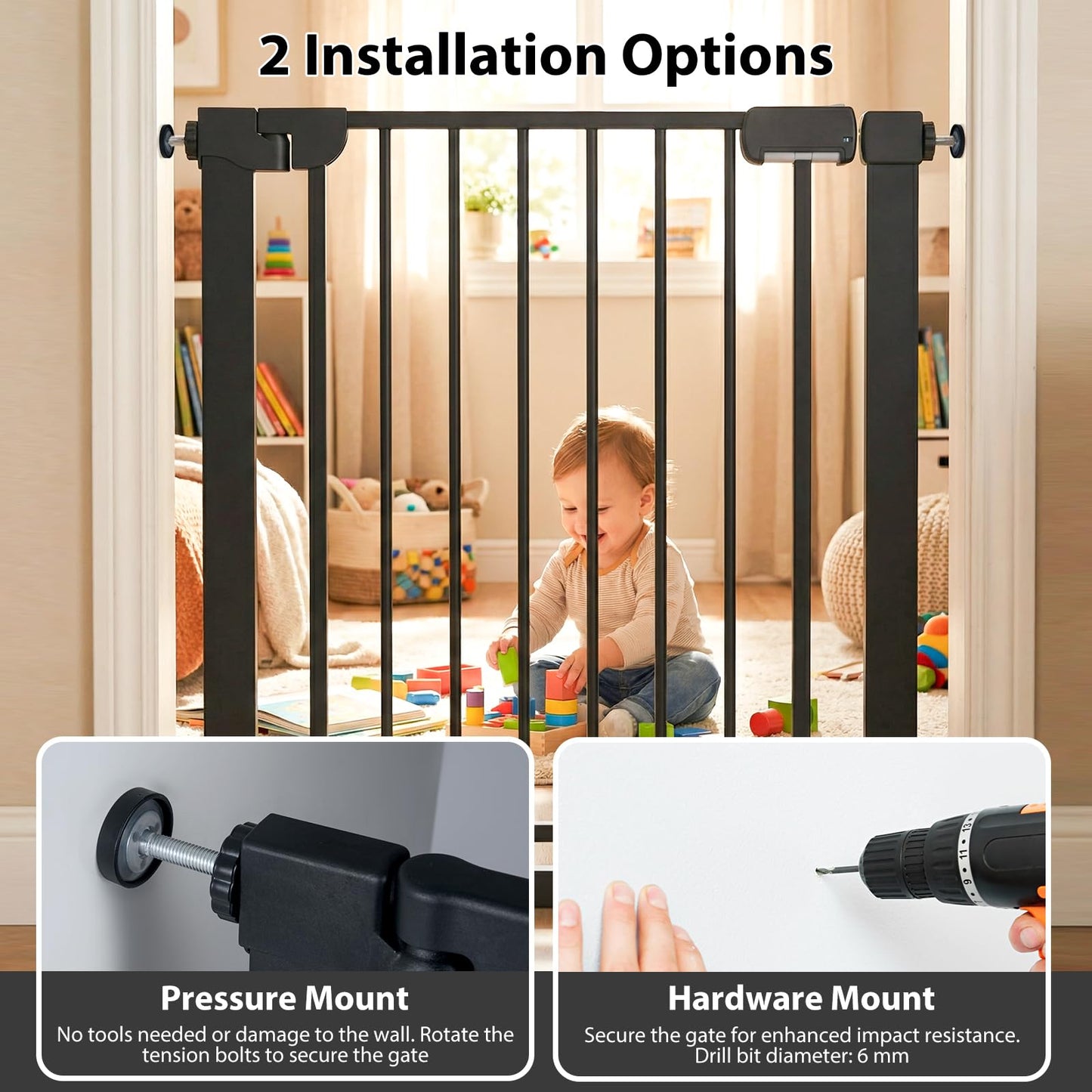 Safety Gate, 75-82cm Pressure Fit Baby Gates with Double-lock Door