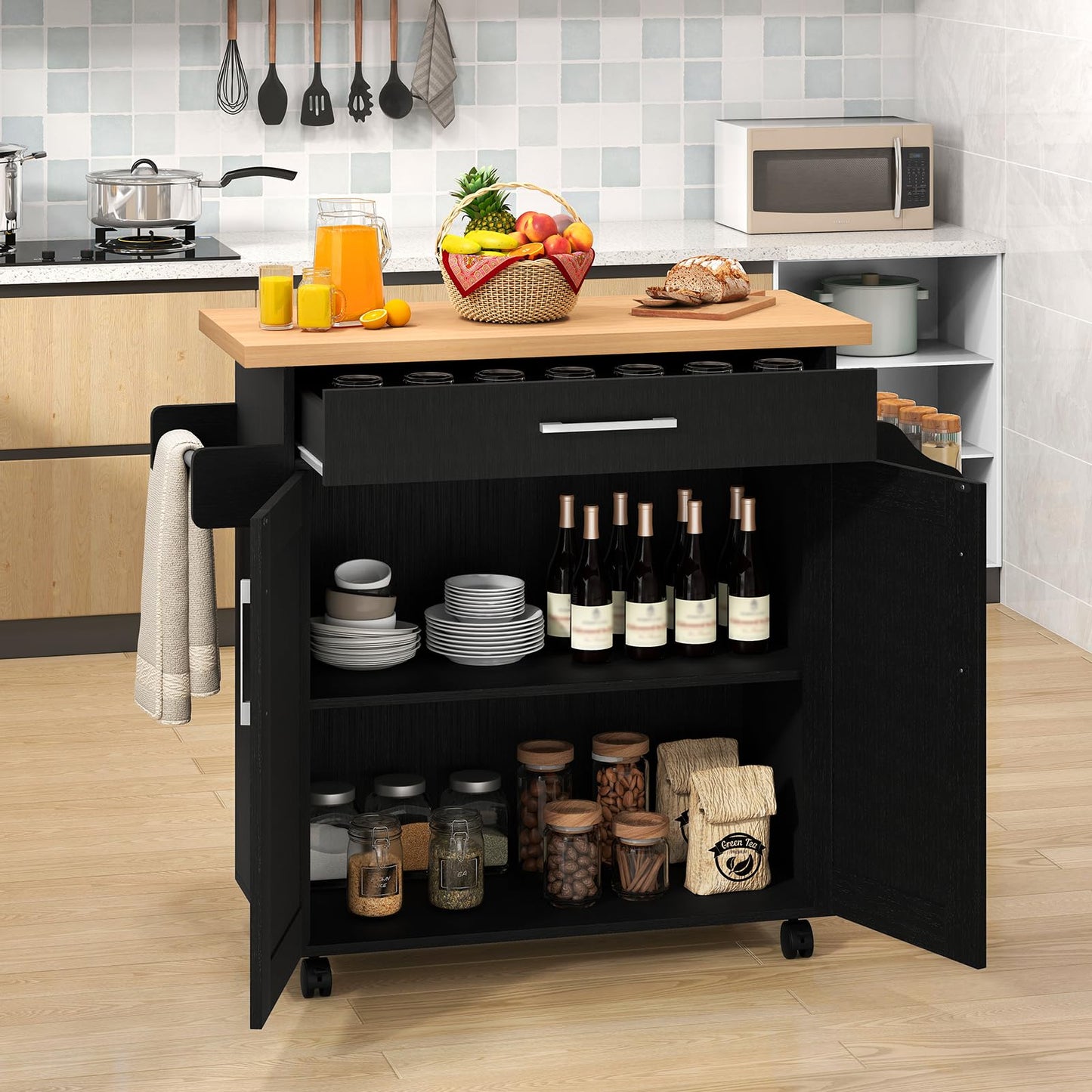 Kitchen Island Cart with Storage and Adjustable Shelf