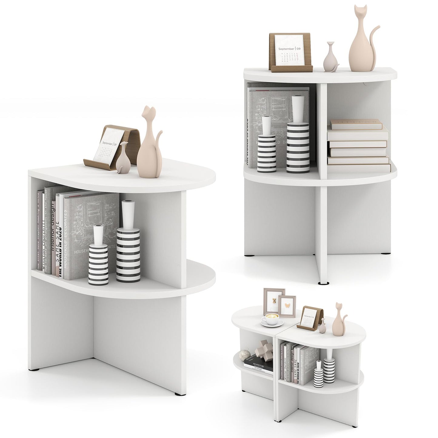 2-Tier Wooden Half Round Side Table with Open Storage Shelves