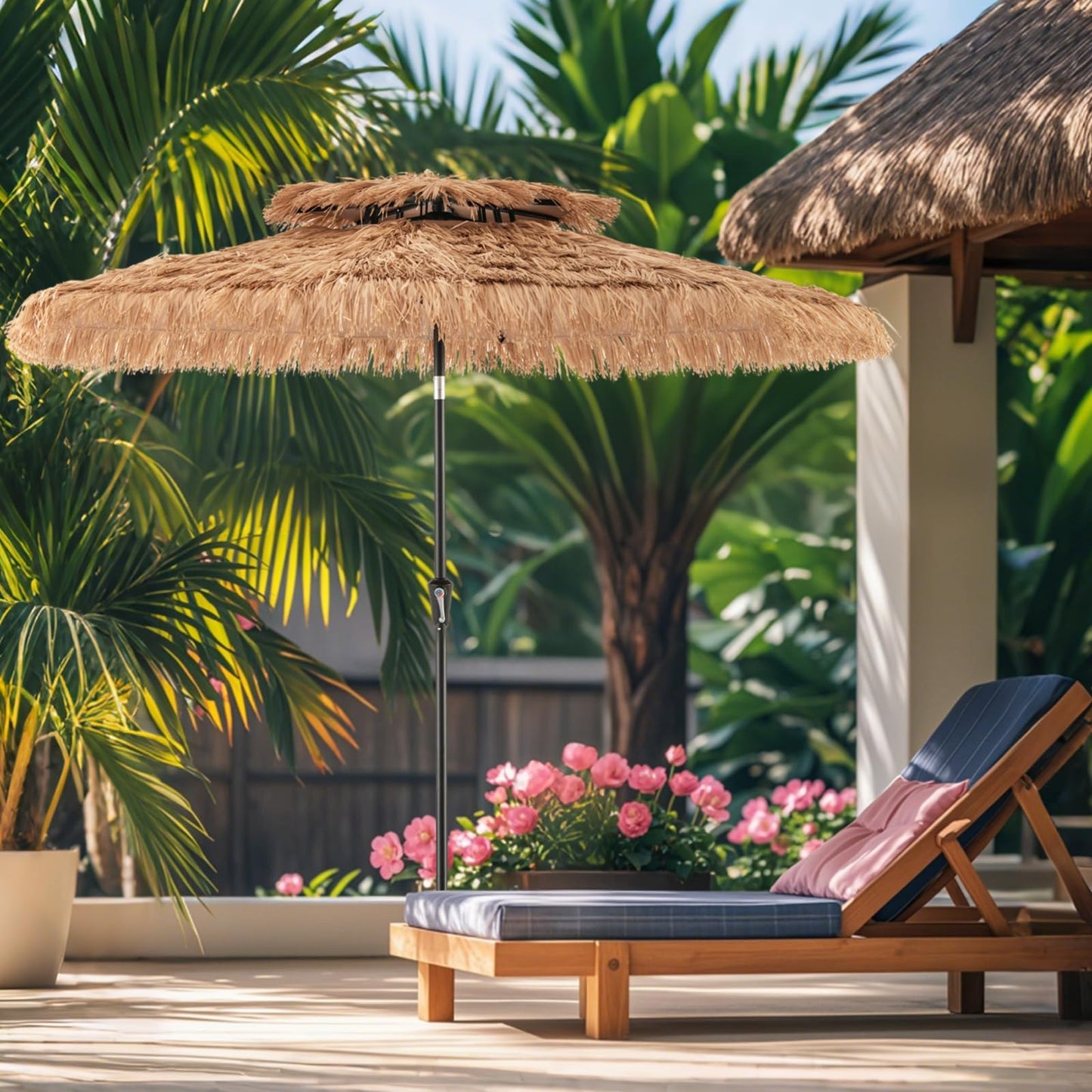 Thatched Tiki Parasol, Tilt Adjustment Hawaiian Patio Beach Umbrella