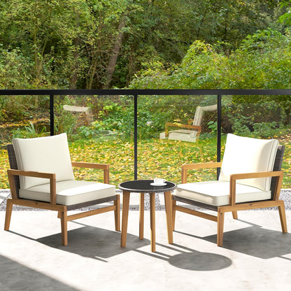 Wooden Patio Bistro Set with Soft Cushions and Tempered Glass Tabletop,