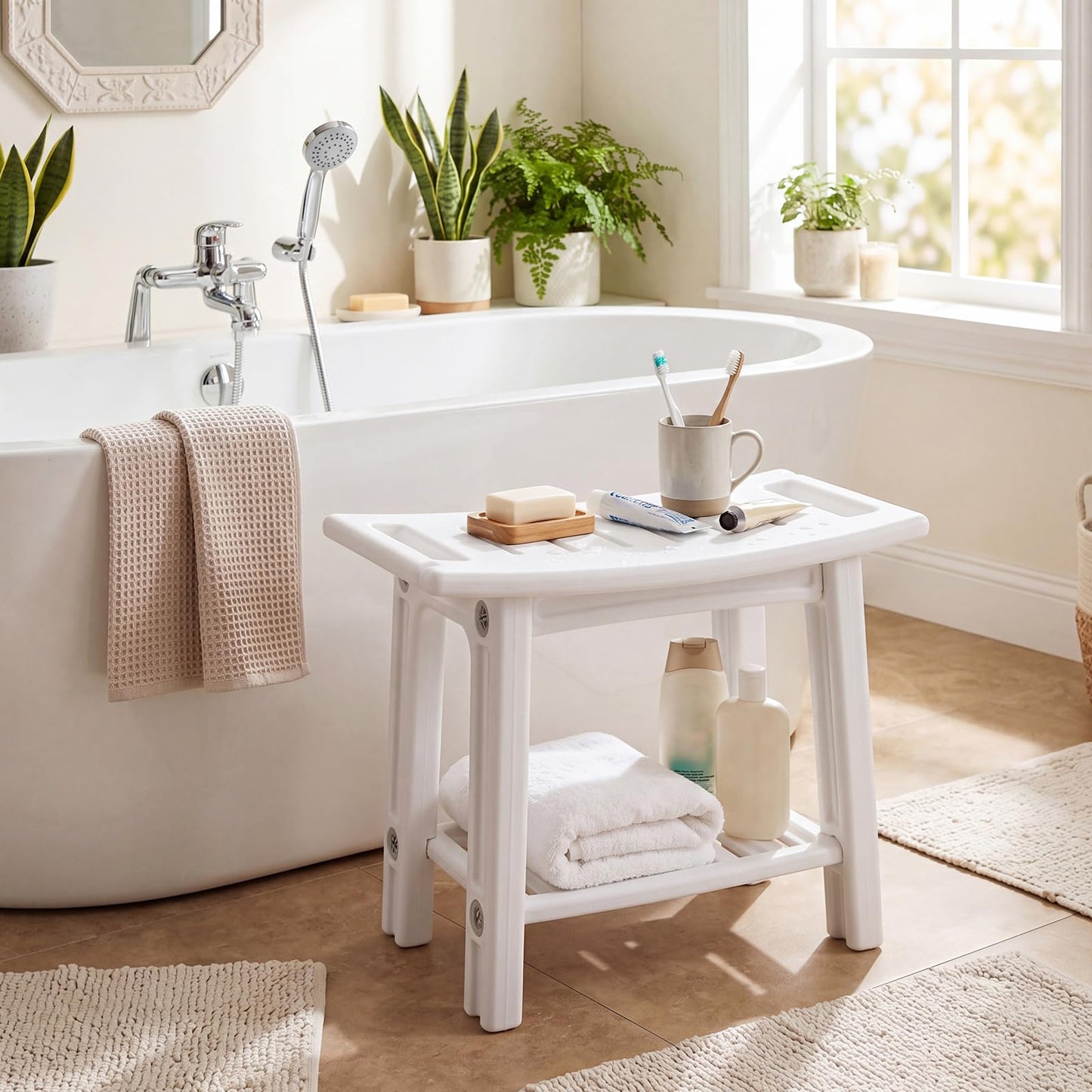 Shower Bench, HDPE Waterproof Bathroom Stool Seat for Inside Shower | Shelf, Handles, Shower Head Holders