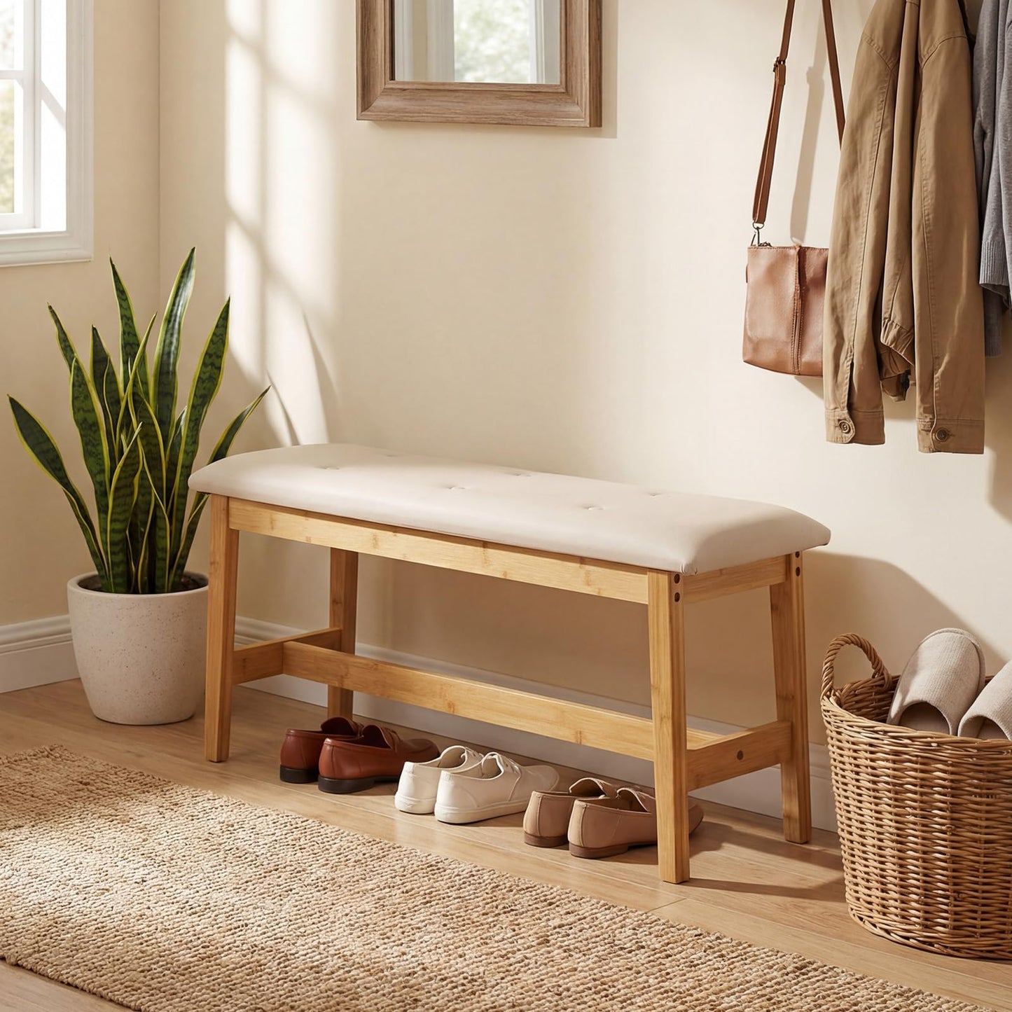 100cm Bamboo End of Bed Bench, Button-Tufted Upholstered Ottoman Shoe Bench