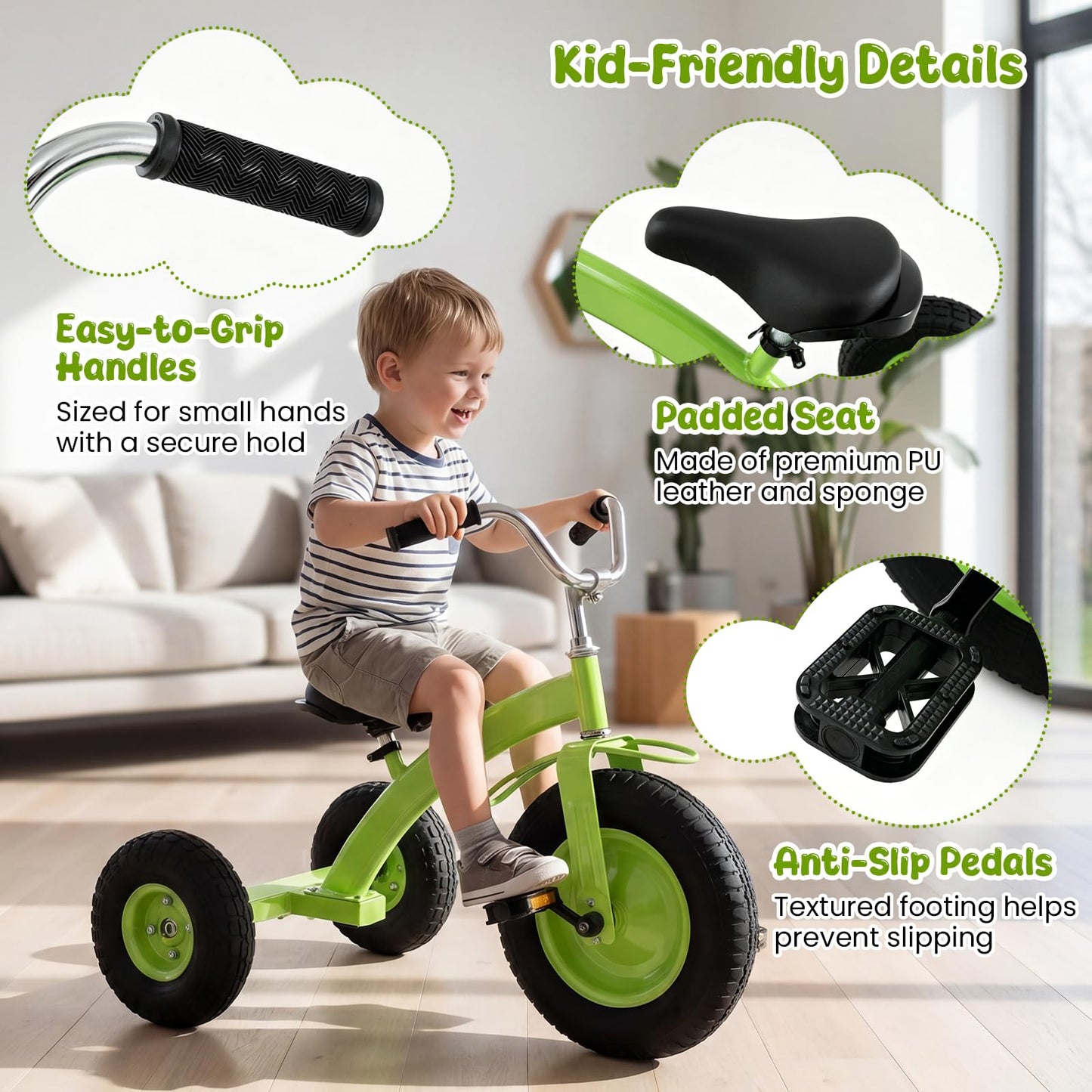 Kids Tricycle ( 84 x 55 x 68-77cm, without Storage Basket) | Carbon Steel Toddler Trike with Inflatable Rubber Tires