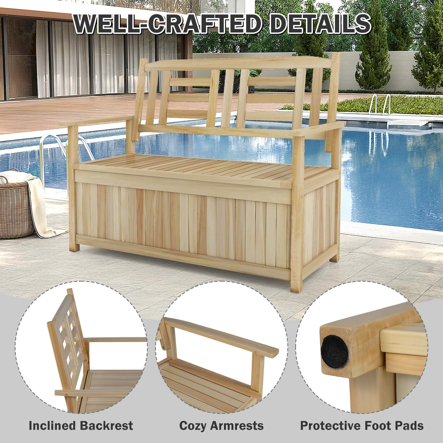 185L Patio Storage Bench Solid Wood Storage Loveseat with Backrest and Armrests