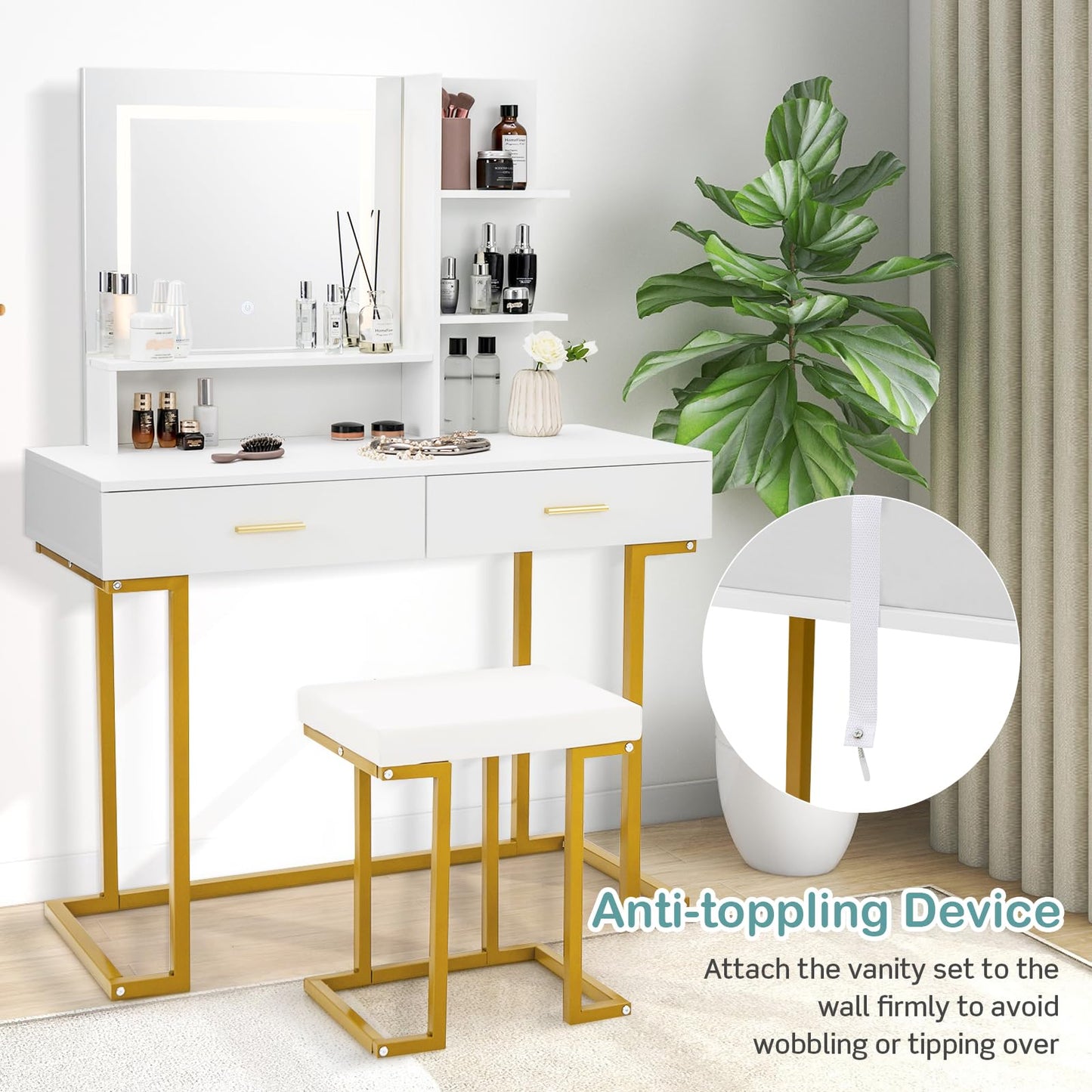 Vanity Set with Large Mirror Makeup Table with Stool and LED Lights