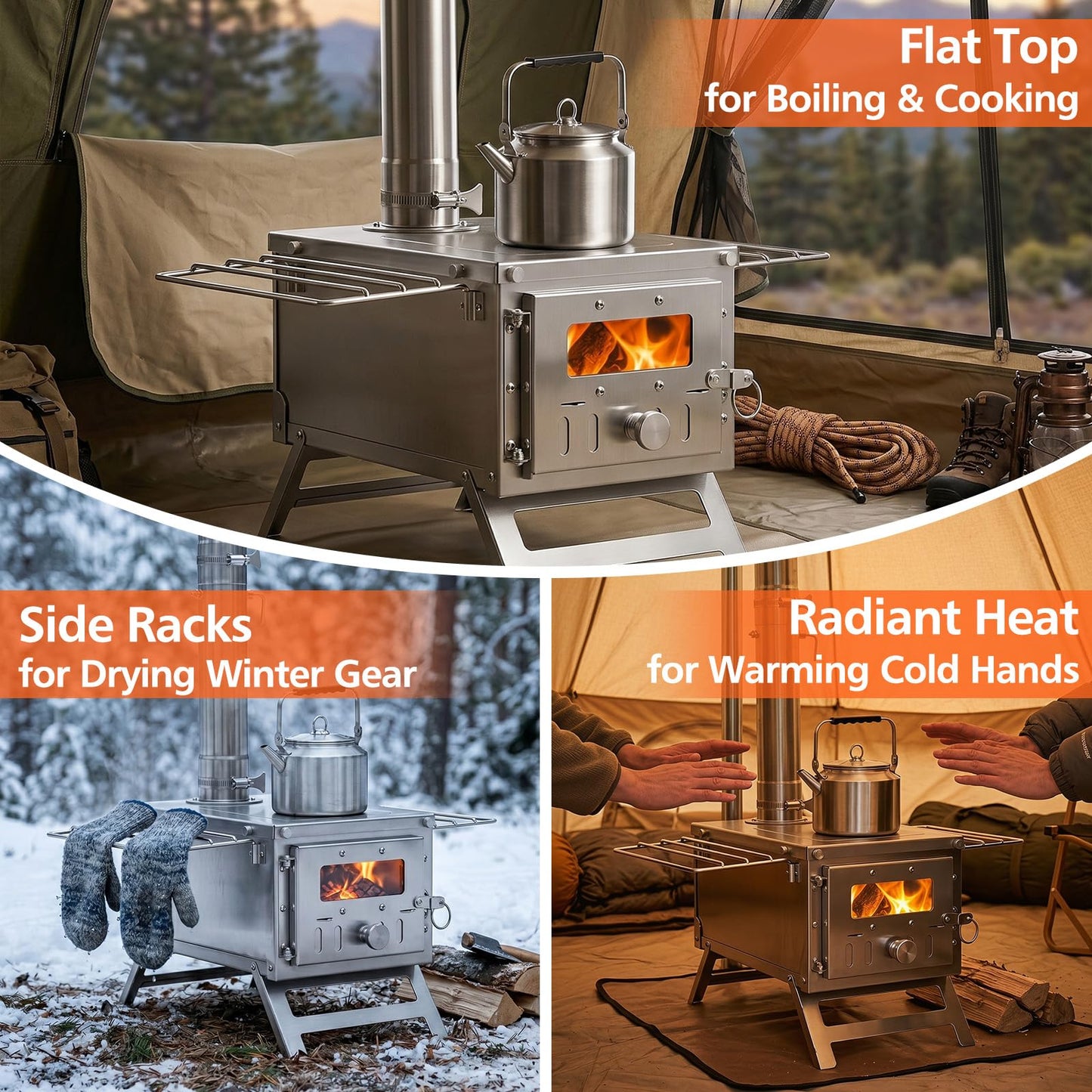 Hot Tent Stove, Camping Tent Stove (Silver, 45 x 37 x 219cm) | Stainless Steel Wood Burning Stove