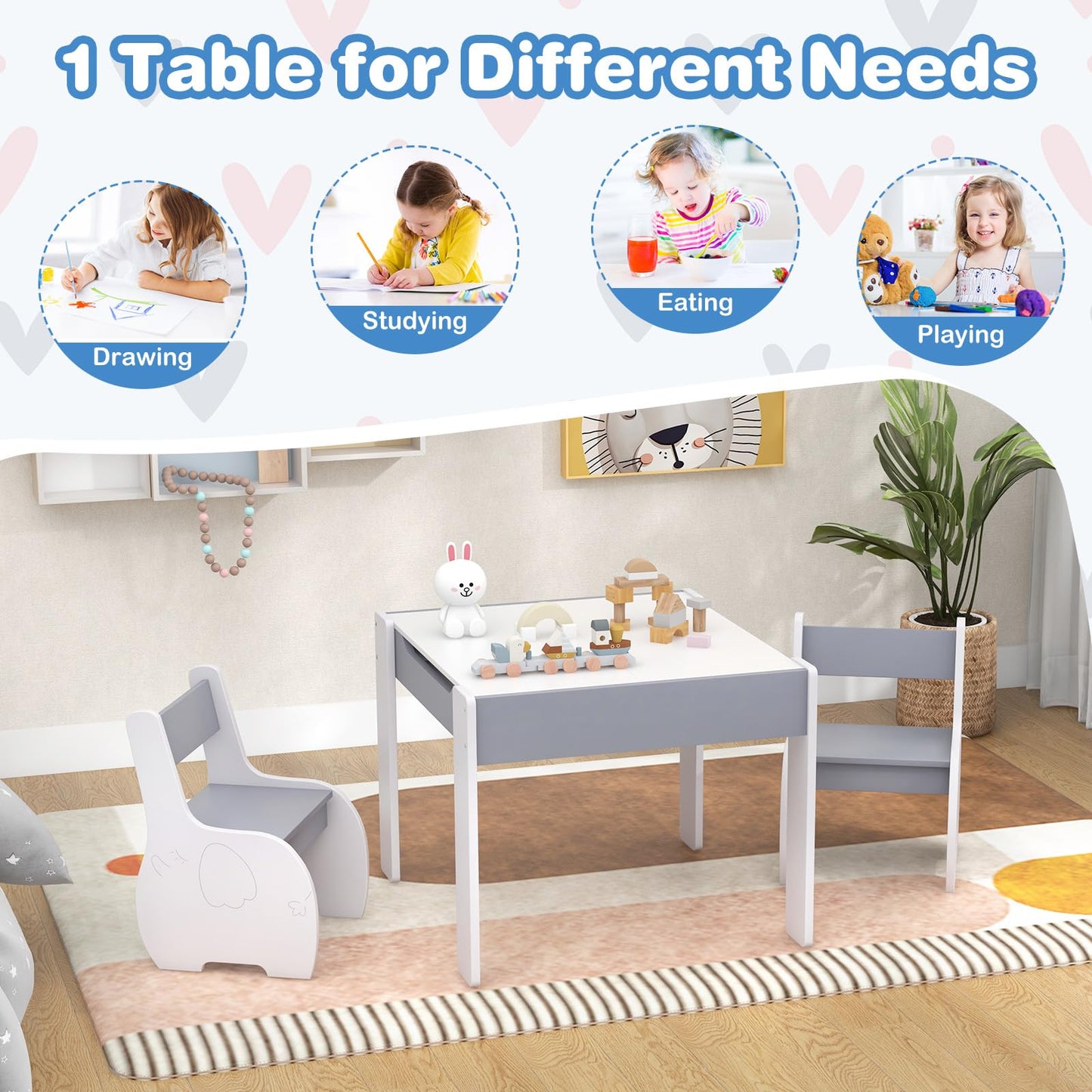 Wooden Kids Table and Chair Set with Hidden Storage