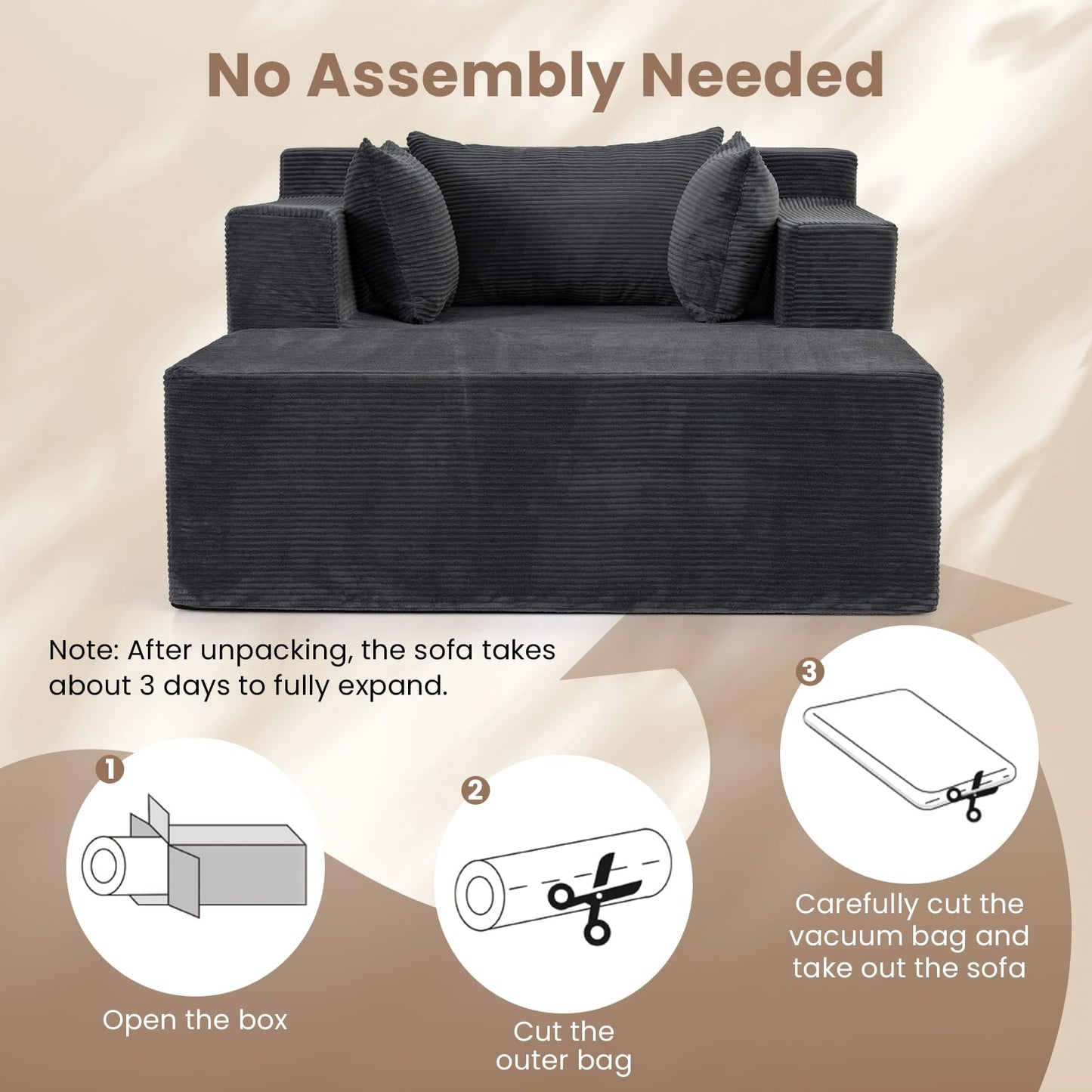 Single Floor Sofa Bed with Ottoman & 3 Pillows, Corduroy Chaise Lounge Chair Boneless Couch