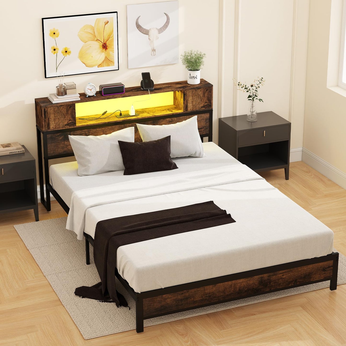 Double Metal Bed Frame with LED Lights, Charging Station