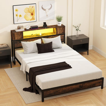 Double Metal Bed Frame with LED Lights, Charging Station