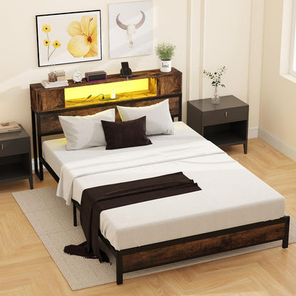 Double Metal Bed Frame with LED Lights, Charging Station