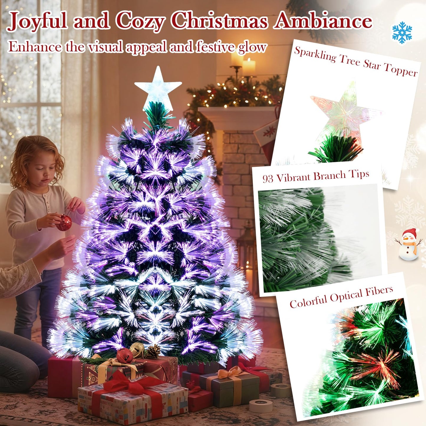 3 FT Fiber Optic Christmas Tree Artificial Pre-Lit Xmas Tree with 93 Branch Tips