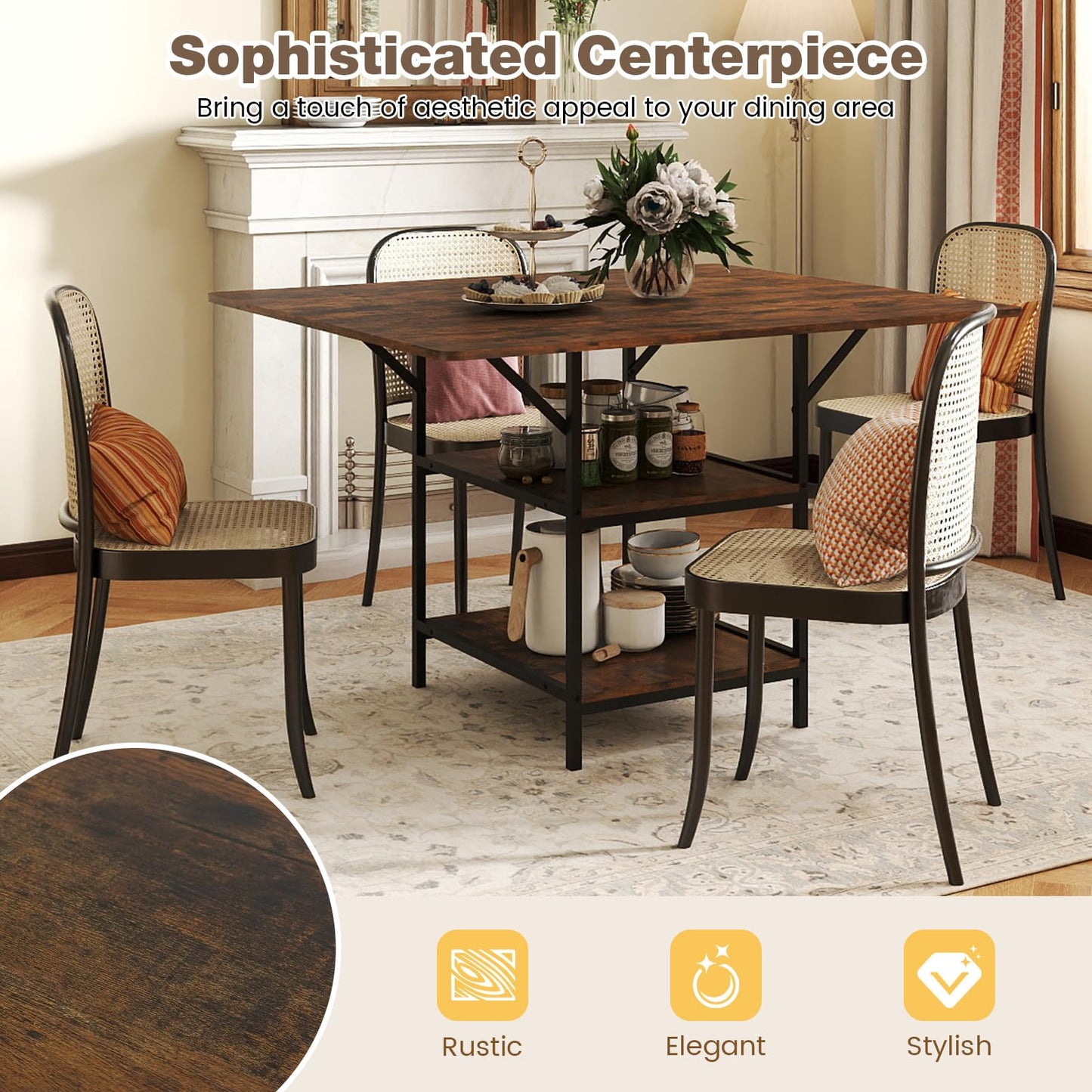 Dining Table for 4-6 Rectangular Dining Table with 2 Open Storage Shelves