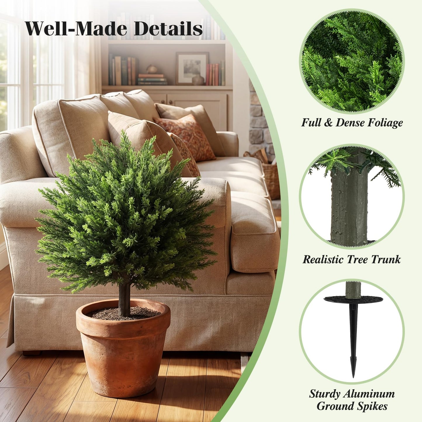 Set of 2 Artificial Topiary Ball Trees, Faux Shrub Bushes with Ground Spikes(Cypress Tree）