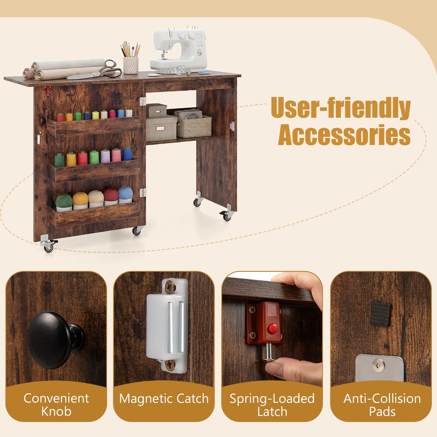 Folding Sewing Table with Storage Shelf and 3 Hidden Bins for Home