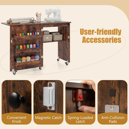 Folding Sewing Table with Storage Shelf and 3 Hidden Bins for Home