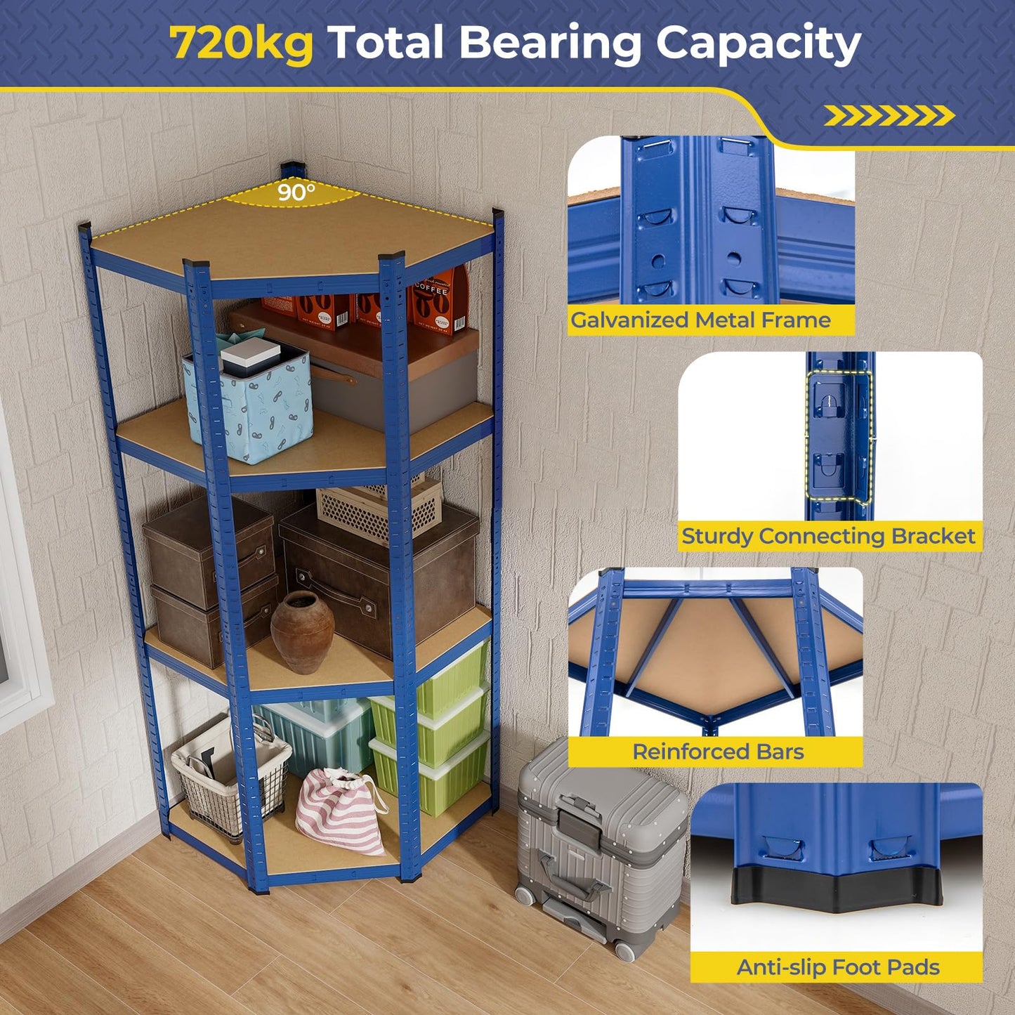 4-Tier Corner Shelving Unit 720KG Heavy Duty for Warehouse Pantry Shed and Kitchen