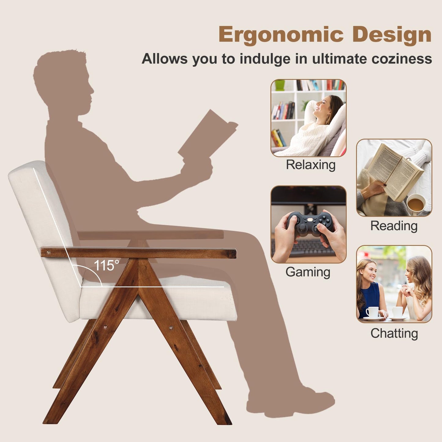 Modern Accent Chair Linen Fabric Armchair with Solid Acacia Wood Frame