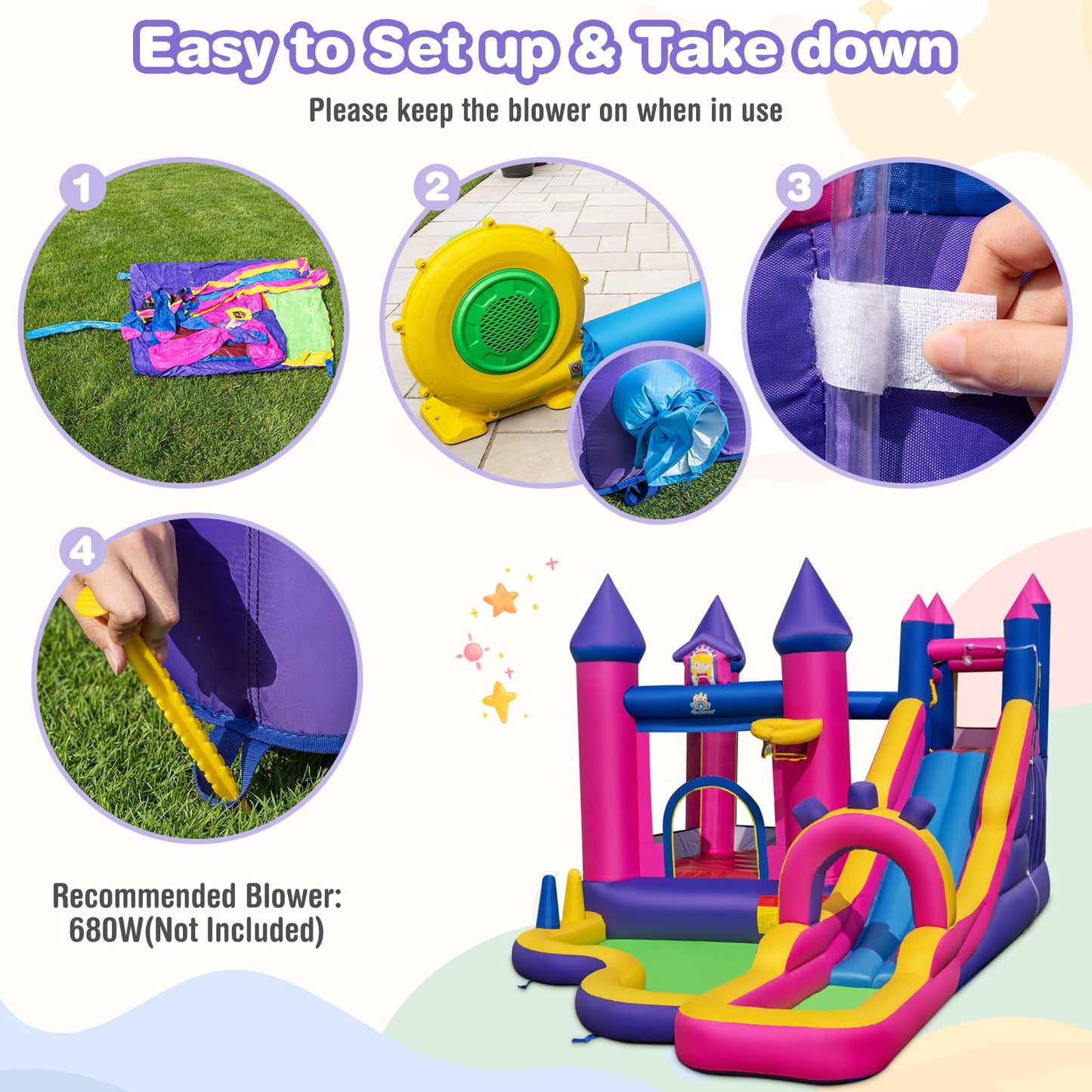 Inflatable Water Slide, Princess Themed Water Park with Long Slide, Jumping Area, Climbing Wall, Splash Pool, Basketball Hoop
