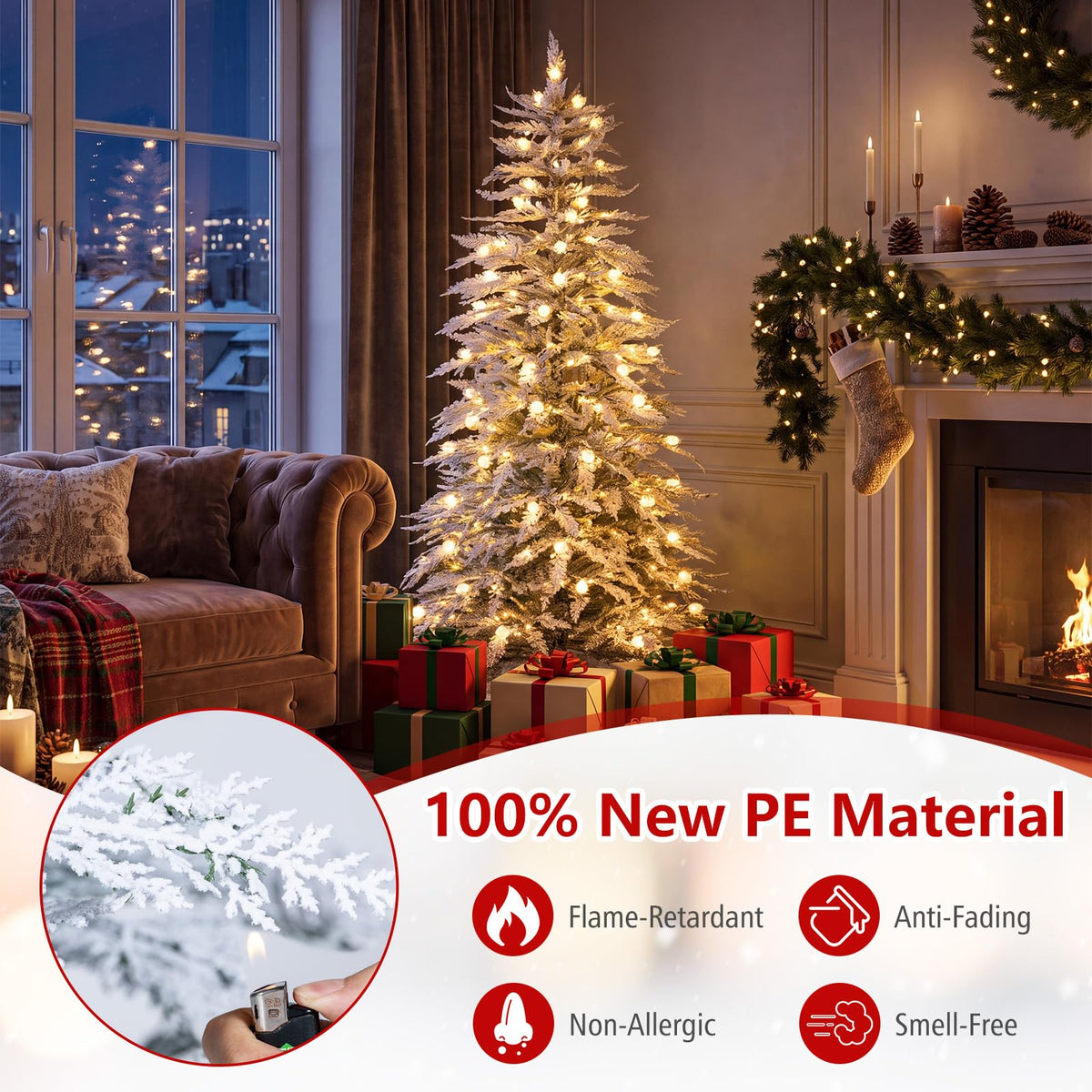 6 FT Artificial Christmas Tree, Flocked Hinged Xmas Tree