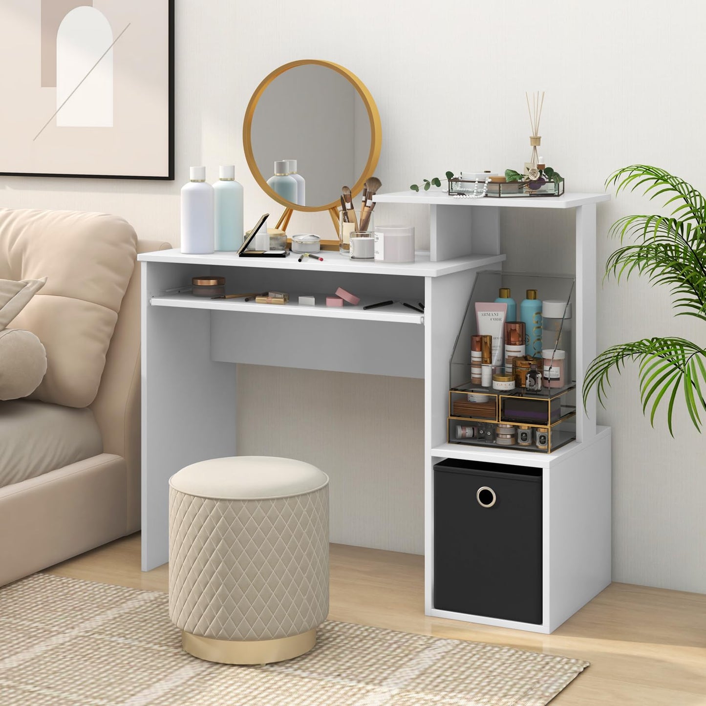Space-saving Computer Desk with Open Shelf and Fabric Storage Drawer