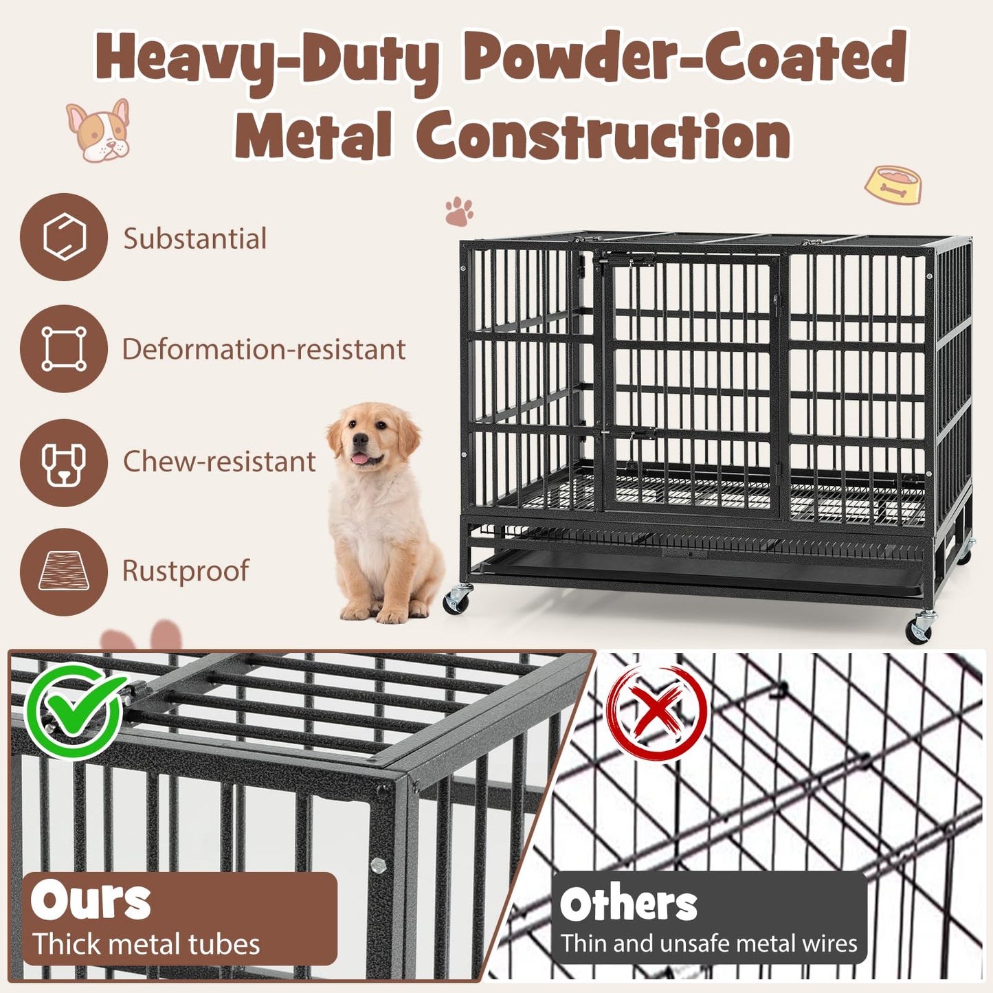 96/120cm Metal Dog Cage Foldable with Double Door and Wheels