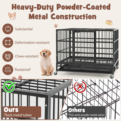 96/120cm Metal Dog Cage Foldable with Double Door and Wheels