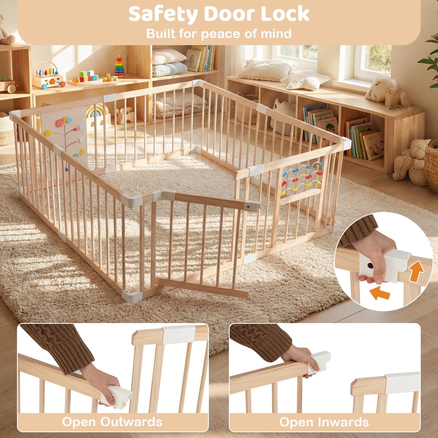 Wooden Baby Playpen Adjustable Multi-Shape Large Play Yard for Infants and Toddlers