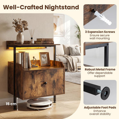 Nightstand Bedside Table with Charging Station and LED Light
