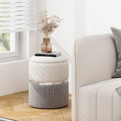 Modern Round Linen Fabric Storage Ottoman Set of 2