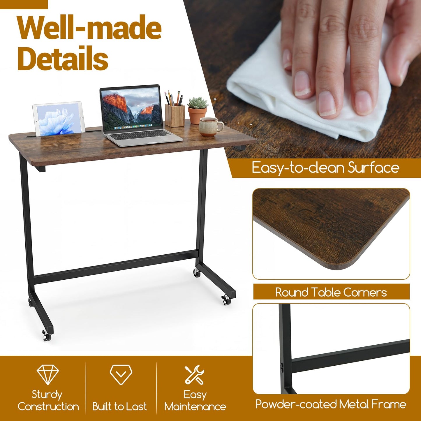 Rolling Laptop Desk Cart with Tablet Slot and Wheels
