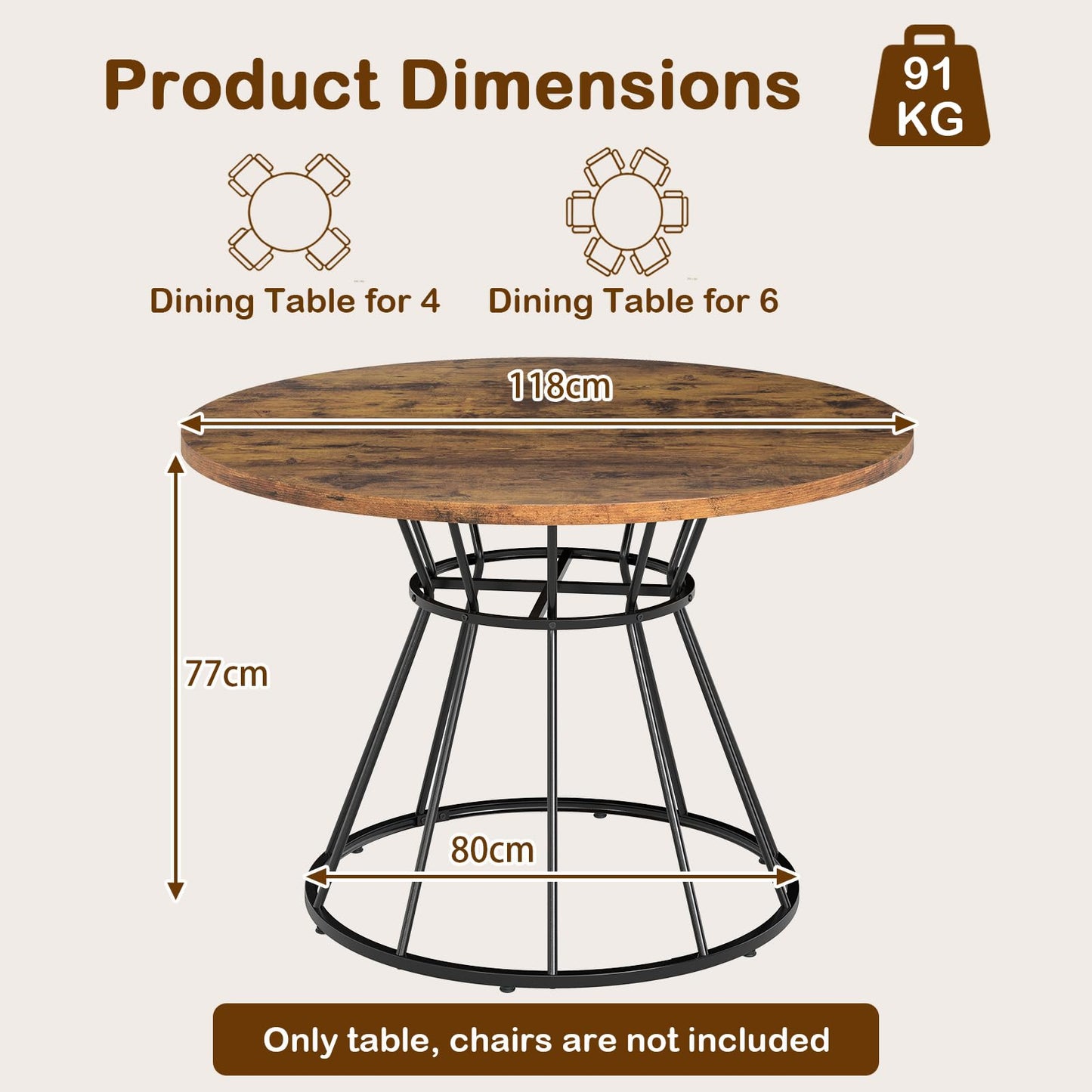 118cm Dining Table for 4-6 People, Round Kitchen Table