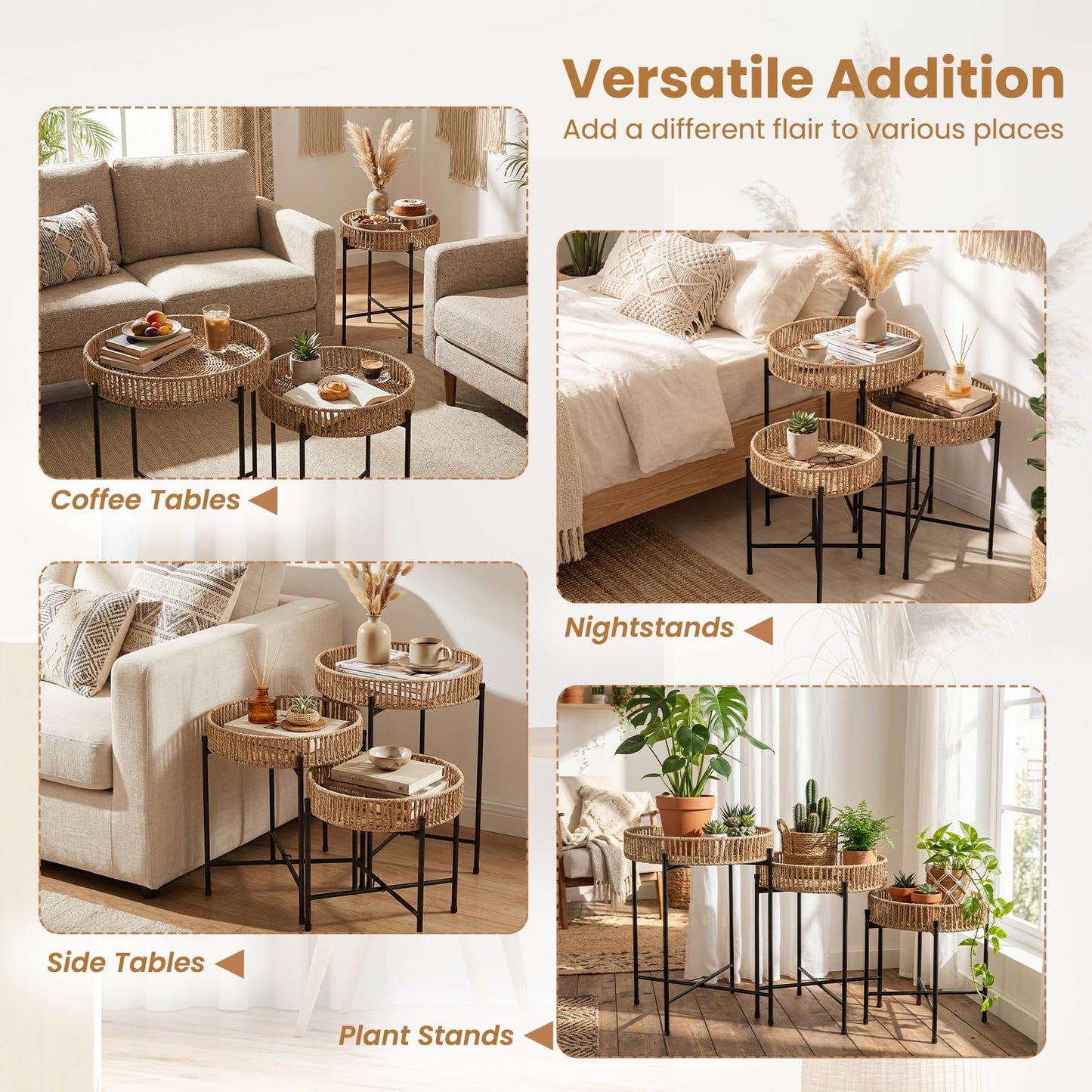 Set of 3 Round Nesting Side Tables Weaving End Tables with Metal Legs