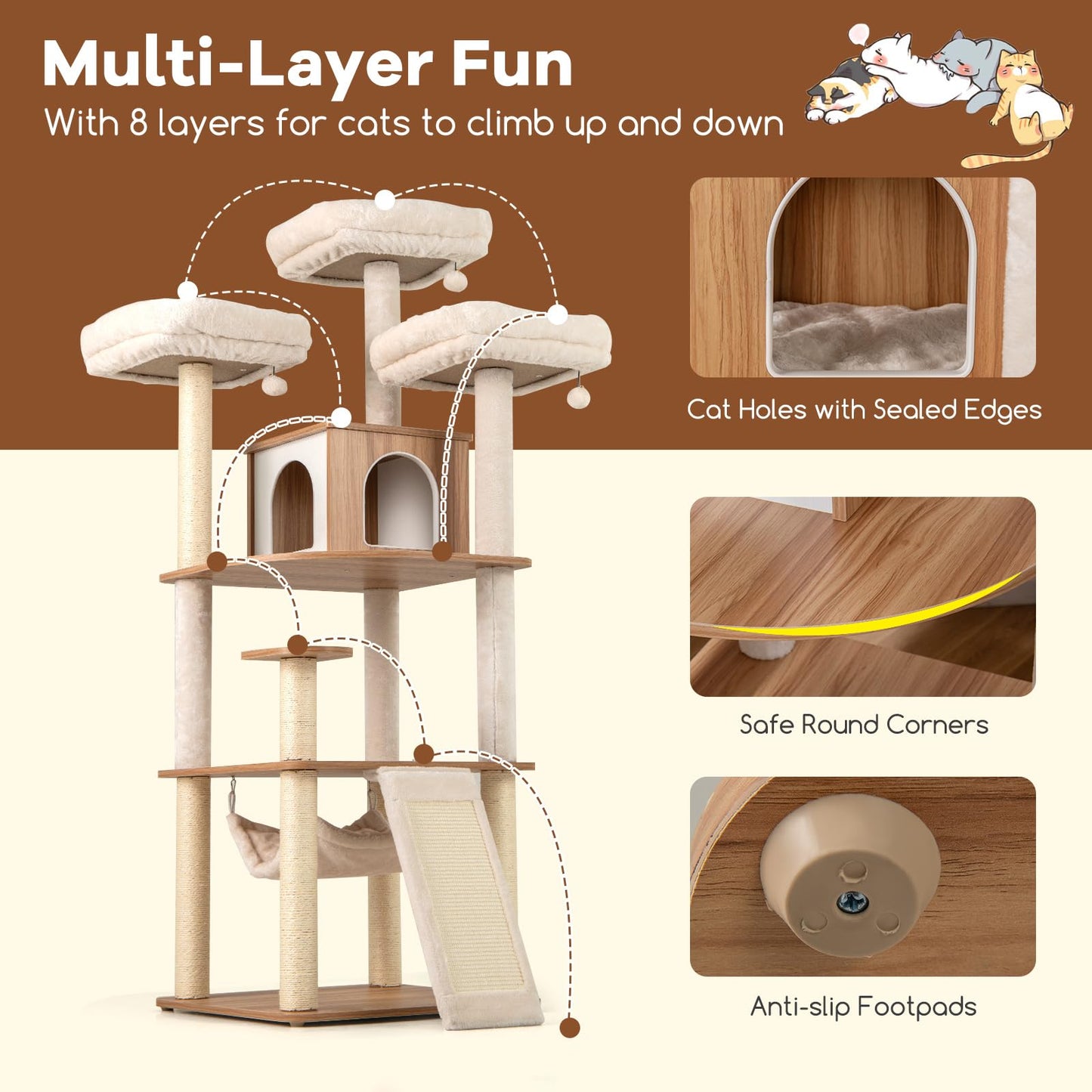 168cm Tall Cats Climbing Tower with Sisal Scratching Posts