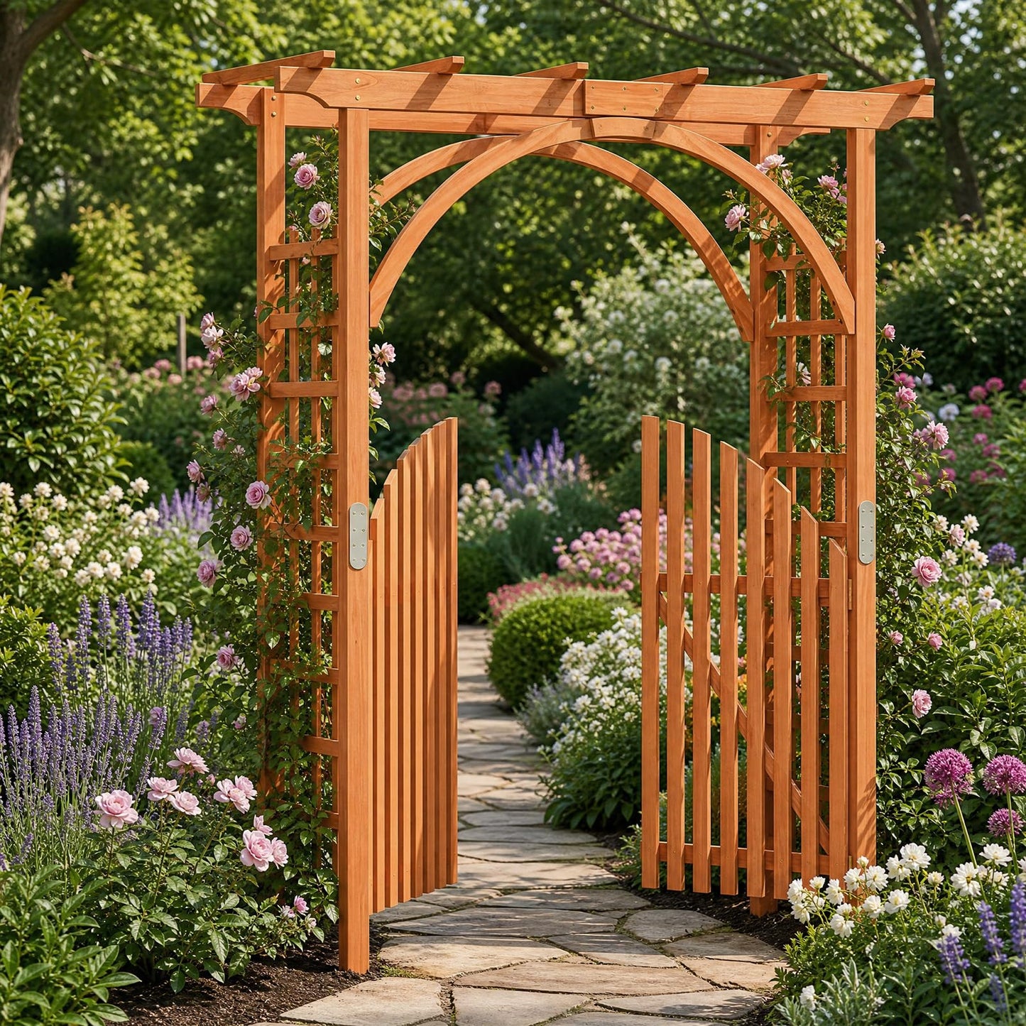 Wooden Garden Arch with Gate, Trellis Panels & Lockable Doors