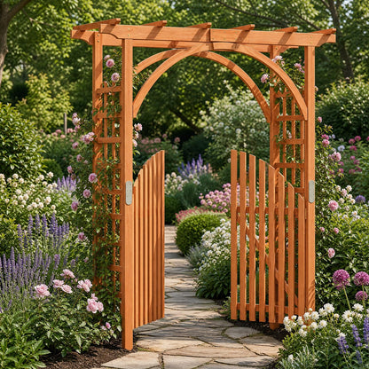 Wooden Garden Arch with Gate, Trellis Panels & Lockable Doors
