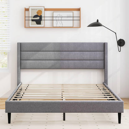Single/Double Size Bed Frame with Wingback Headboard and Wooden Slats Support