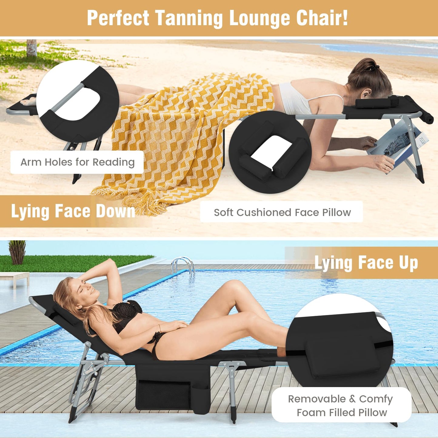 Folding Sun Lounger, 5-Position Adjustable Garden Sunbed with Face Hole