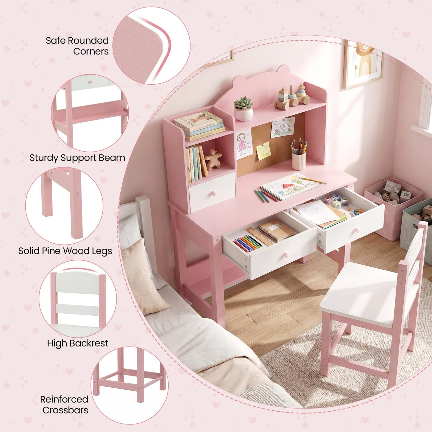 Kids Desk and Chair Set, Wooden Student Study Table with Drawers
