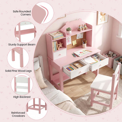 Kids Desk and Chair Set, Wooden Student Study Table with Drawers
