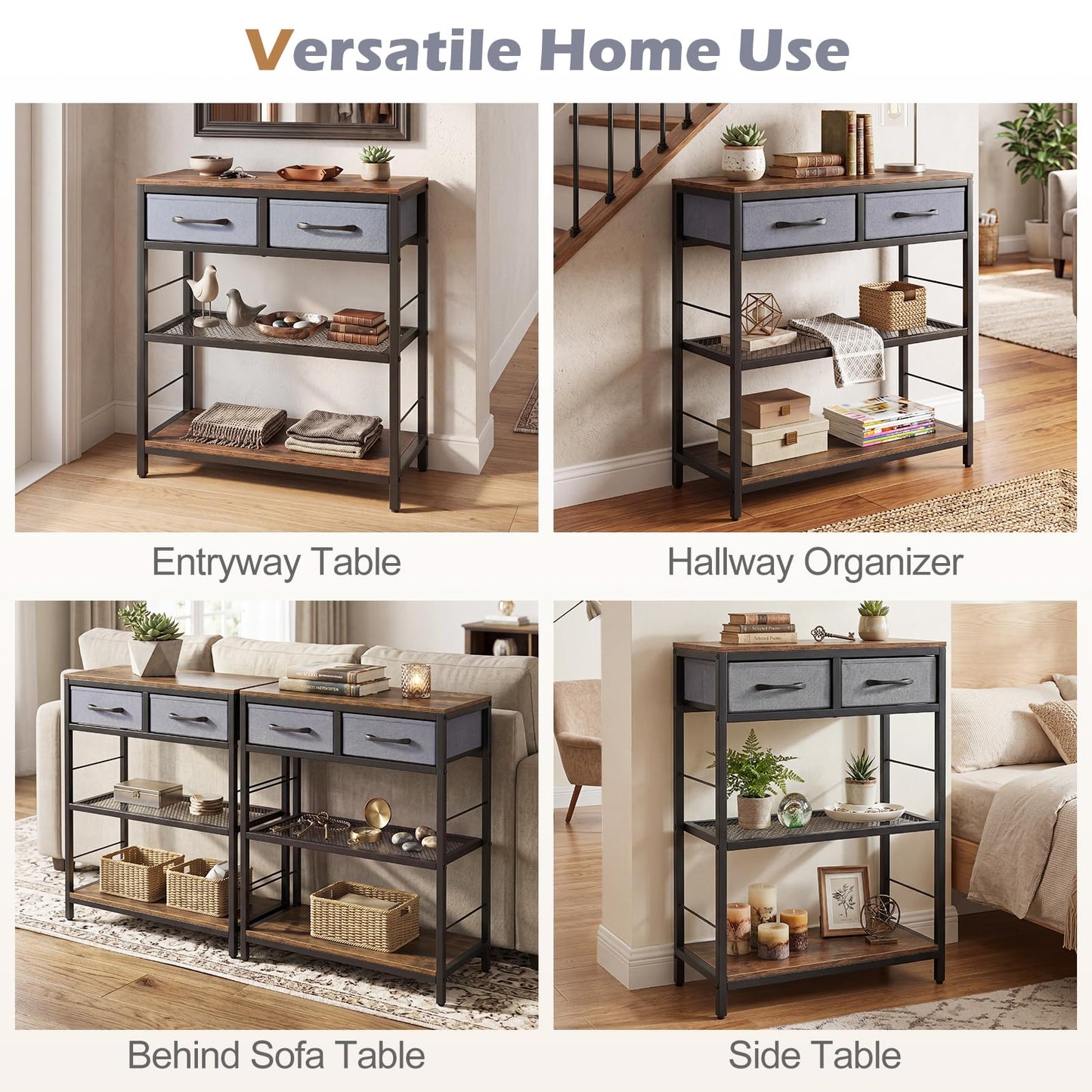 3-Tier Narrow Console Table with 2 Fabric Drawers and Open Shelves