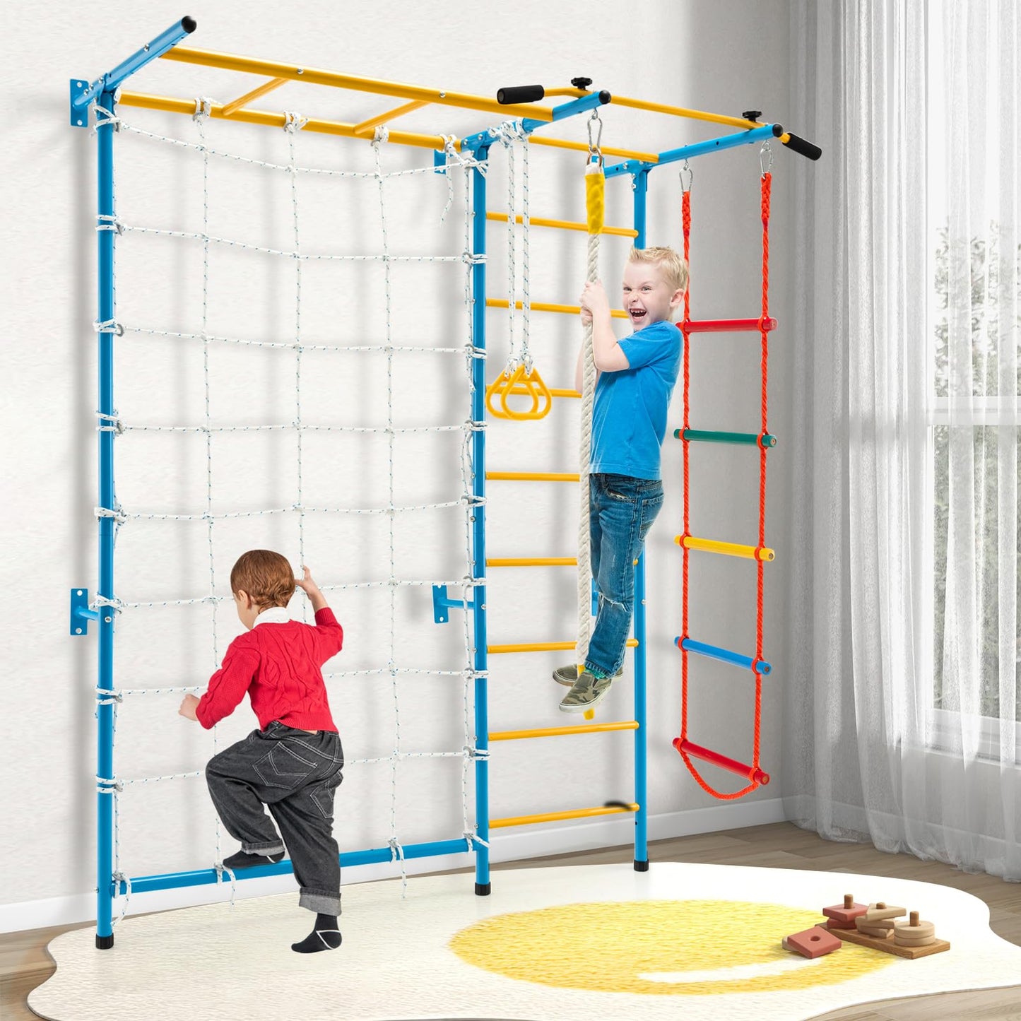 Metal Swedish Ladder Wall Bars for Kids with Gym Rings Climbing Net