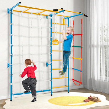 Metal Swedish Ladder Wall Bars for Kids with Gym Rings Climbing Net