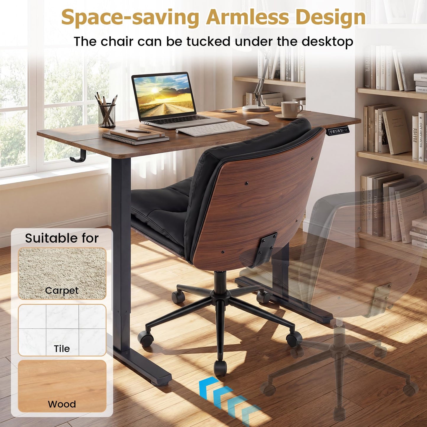 Armless Office Chair with Swivel Wheels & Curved Backrest for Home Office