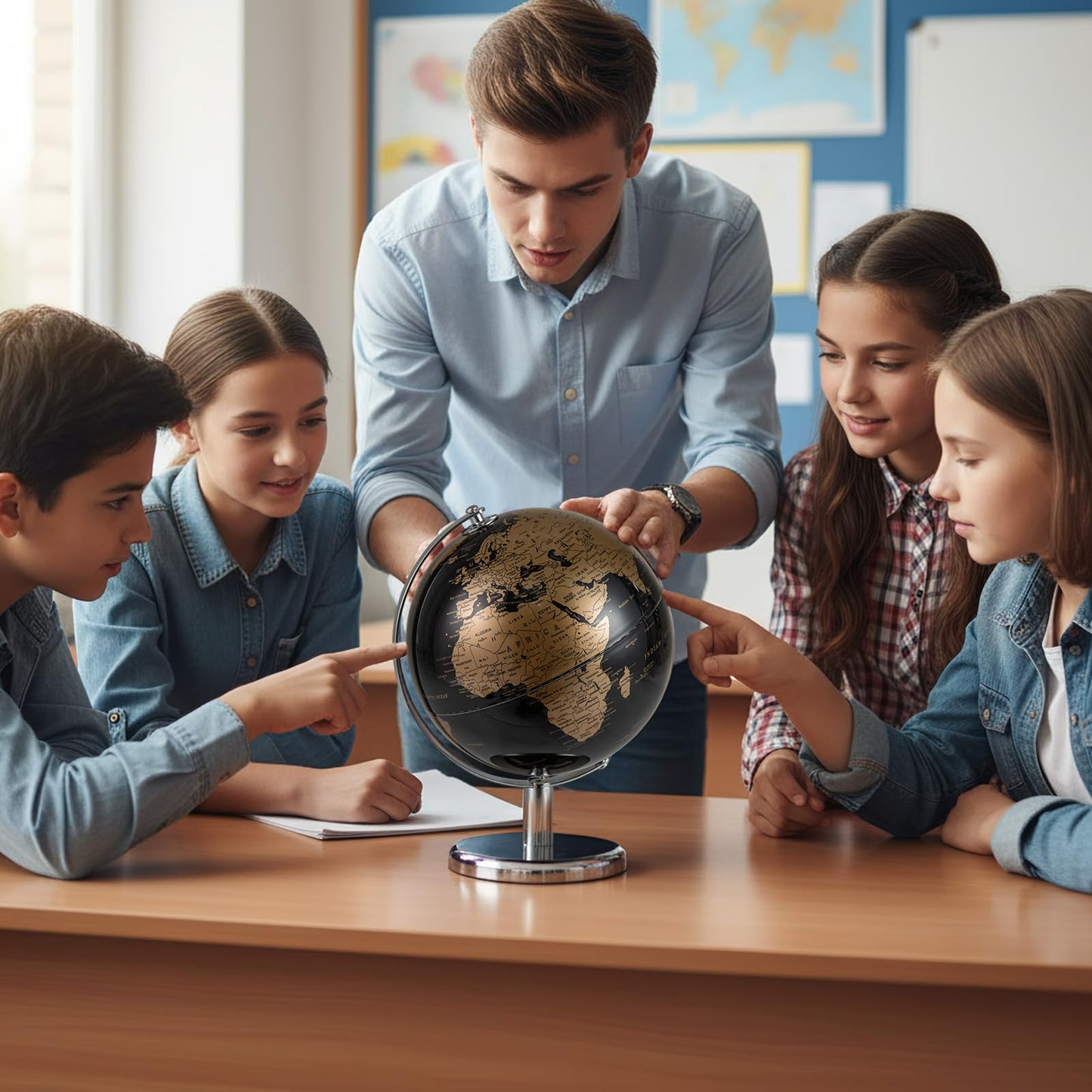 20CM Rotating Metallic Black World Globe with Metal Stand for Home School