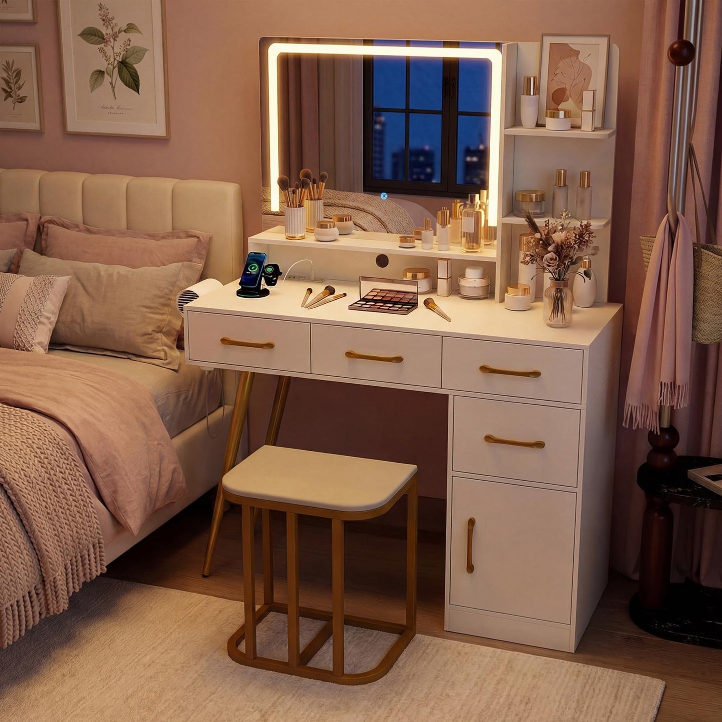 Dressing Table with LED Mirror and Stool, Makeup Table Vanity Desk Set