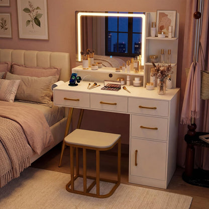Dressing Table with LED Mirror and Stool, Makeup Table Vanity Desk Set